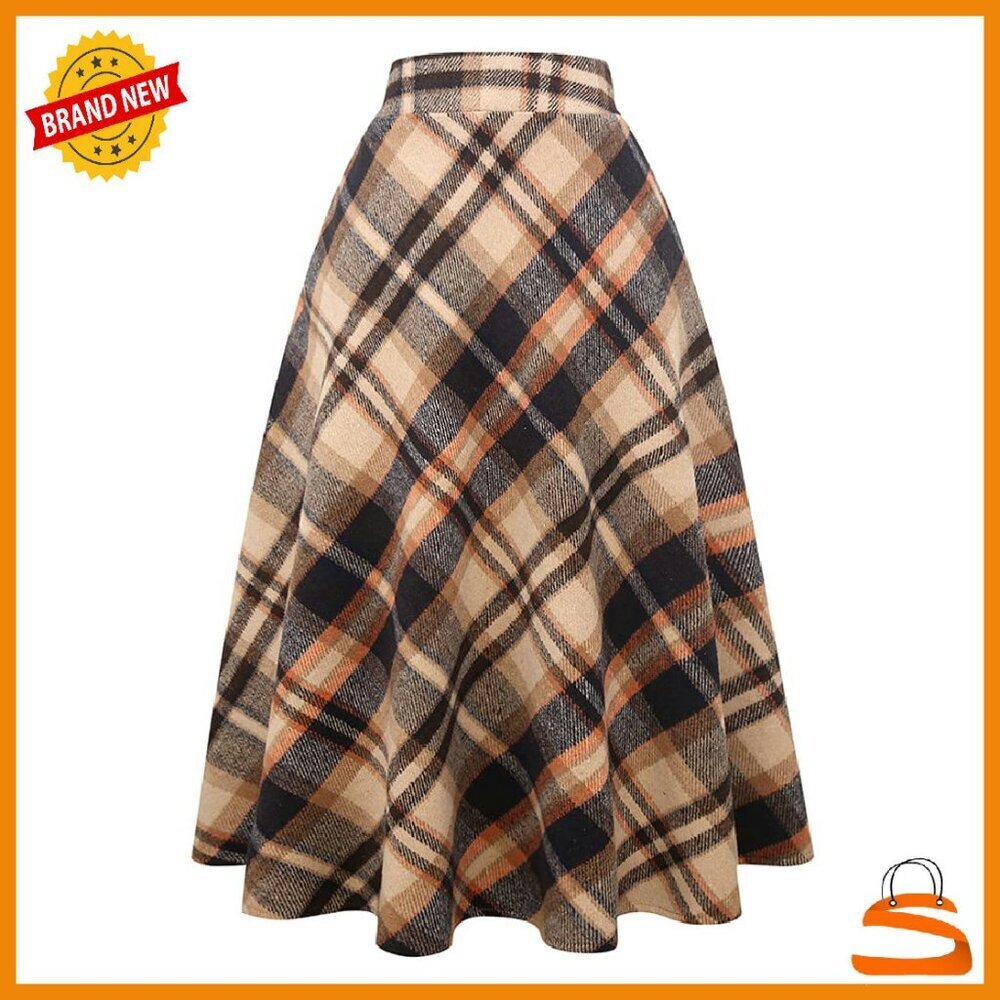High Waist Wool Blend A-Line Skirt with Pockets, Elastic Waist